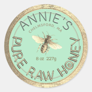 Modern Pure Raw Honey Bee Gold Frame Blue Cyan Classic Round Sticker