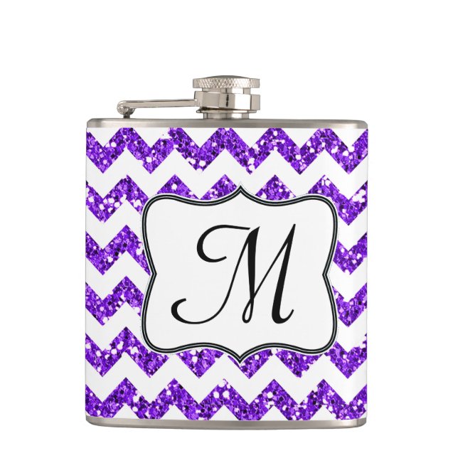 Modern Purp Glitter Chevron Monogram Whiskey Flask (Front)