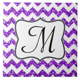 Modern Purpl Glitter Chevron Monogram Display Tile