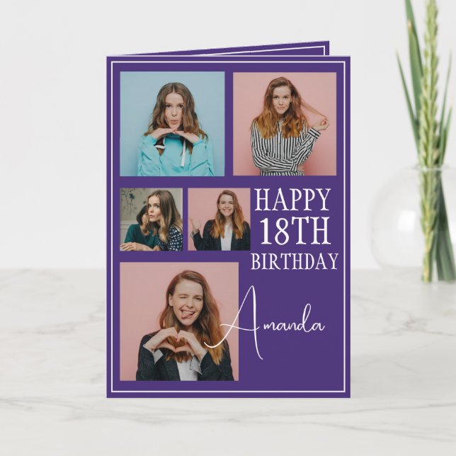 Modern Purple 5 Photo Collage 18th Birthday Card (Front)