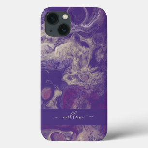 Modern Purple Abstract Paint Pour Art Monogram iPhone 13 Case