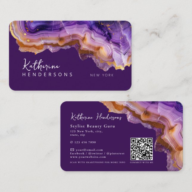 Modern Purple Agate & gold glitter marble QR Code Business Card (Front/Back)