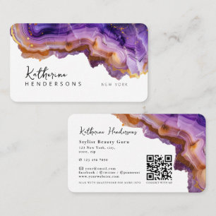 Modern Purple Agate & gold glitter marble QR Code Business Card