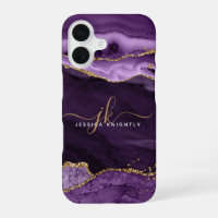 Modern Purple Agate Gold Glitter Script Monogram