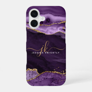 Modern Purple Agate Gold Glitter Script Monogram iPhone 16 Case