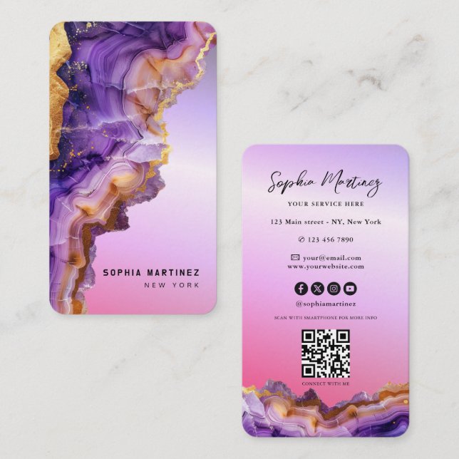 Modern Purple Agate gold marble & QR Code Logo Business Card (Front/Back)