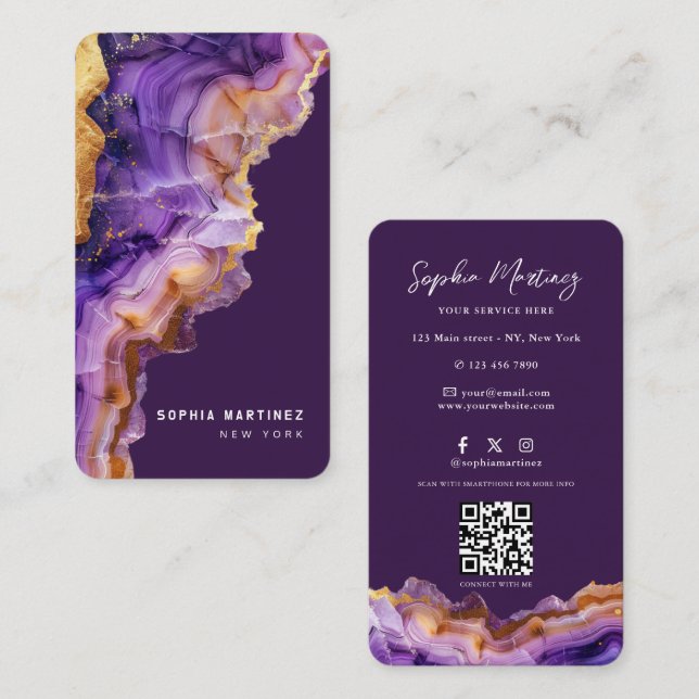 Modern Purple Agate gold marble & QR Code Logo Business Card (Front/Back)