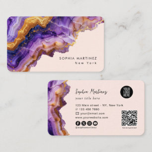 Modern Purple Agate gold marble & QR Code Logo Business Card