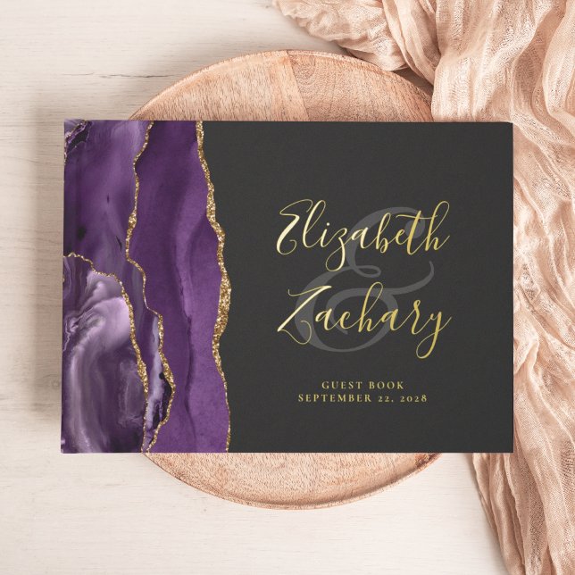 Modern Purple Agate Gold Script Dark Guest Book (Creator Uploaded)