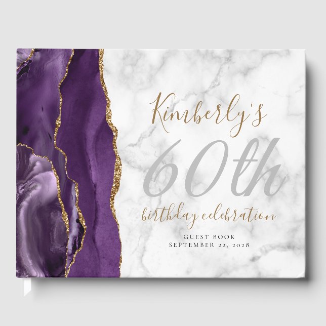 Modern Purple Agate Gold Script Marble Birthday Guest Book (Front)