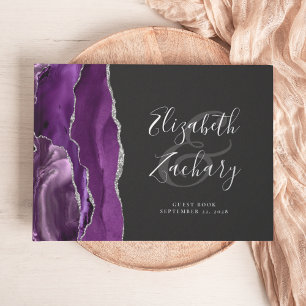 Modern Purple Agate Silver Script Dark Guest Book