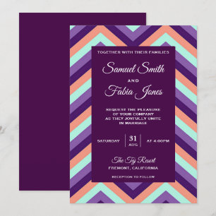 Modern Purple and Coral Chevron Wedding Invitation