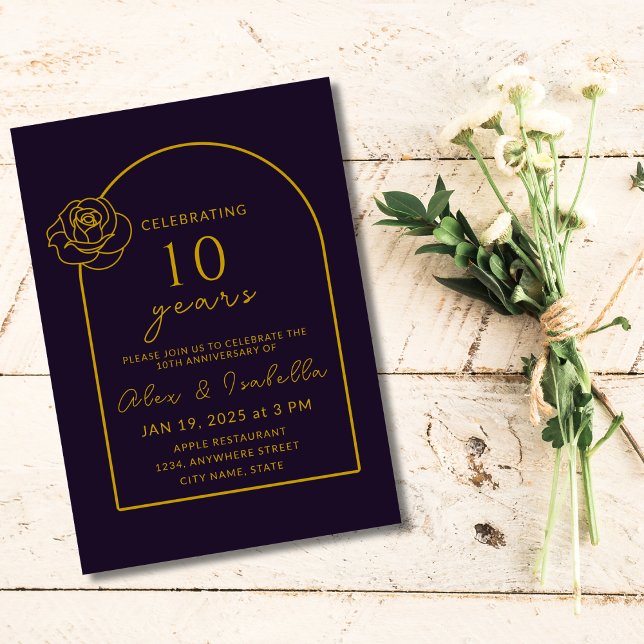 Modern purple and Gold 10th Wedding Anniversary Invitation (Modern elegant minimalist classic purple and gold 10th year wedding anniversary invitation)