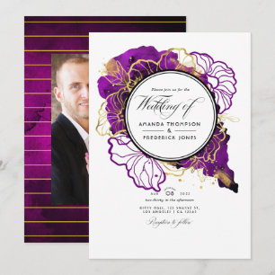 Modern Purple and Gold Abstract Floral Wedding Inv Invitation