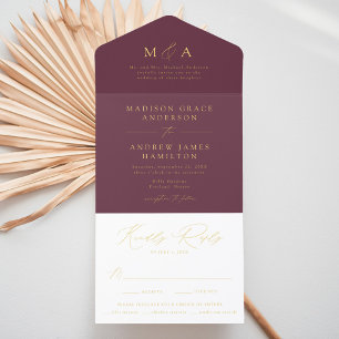 Modern Purple and Gold Foil Monogram Wedding All In One Invitation