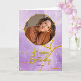 Modern Purple and Gold Photo & Name Birthday Card