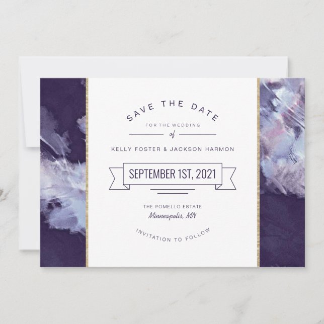 Modern Purple and Gold Wedding Save the Date (Front)