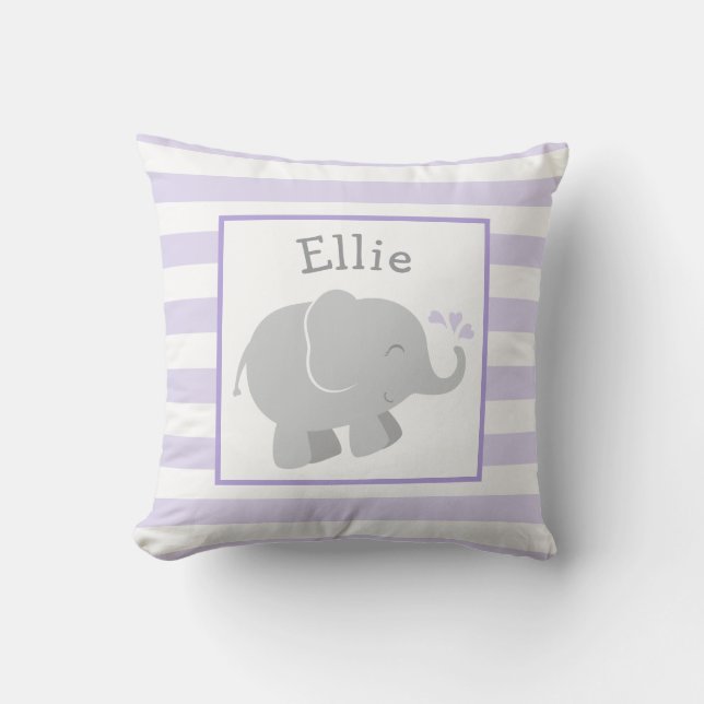 Modern Purple and Grey Elephant Custom Monogram Throw Pillow (Front)
