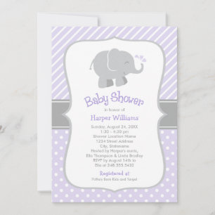 Modern Purple and Grey Elephant Girl Baby Shower Invitation