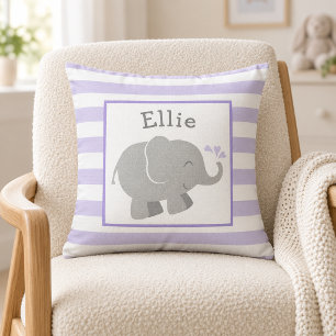 Modern Purple and Grey Elephant Monogram Throw Pillow