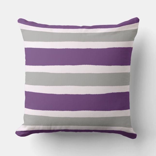 Modern Purple and Grey Stripe Pattern Throw Pillow (Front)