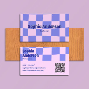 Modern Purple and Pink Chequerboard - Qr Code  Business Card