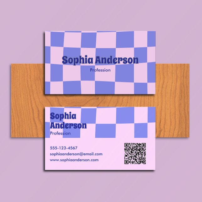 Modern Purple and Pink Chequerboard - Qr Code  Business Card (Creator Uploaded)