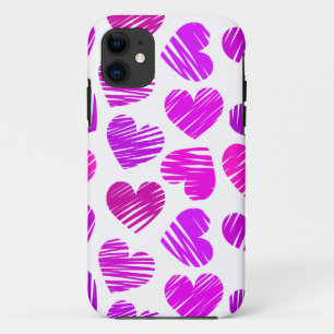 Modern Purple and Pink Doodled Hearts Valentine iPhone 11 Case