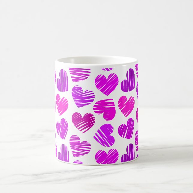 Modern Purple and Pink Doodled Hearts Valentine Coffee Mug (Center)