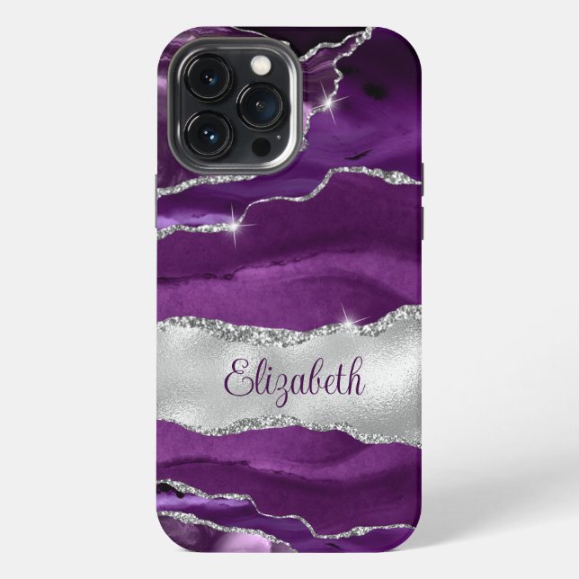 Modern Purple and Silver Agate Monogram iPhone Case (Back)