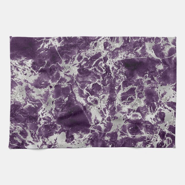 Modern Purple and Silver Marble Pattern Kitchen Towel (Horizontal)