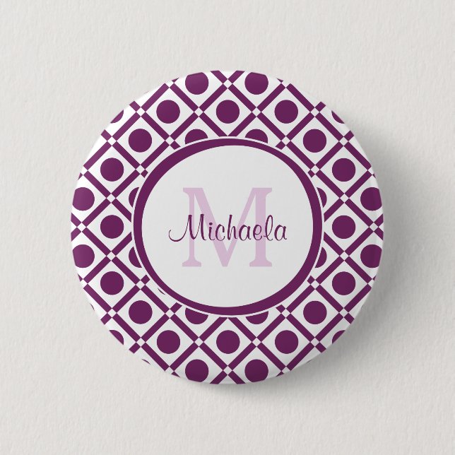 Modern Purple and White Geometric Monogrammed Name 2 Inch Round Button (Front)