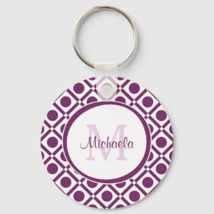 Modern Purple and White Geometric Monogrammed Name Keychain