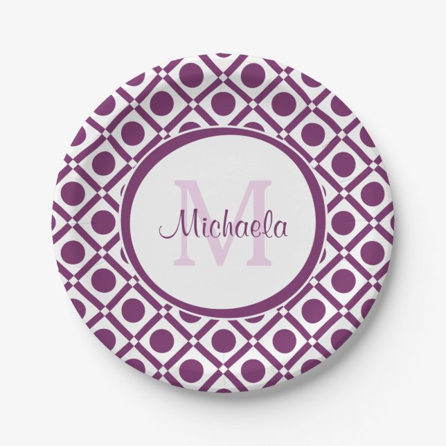 Modern Purple and White Geometric Monogrammed Name Paper Plate (Front)