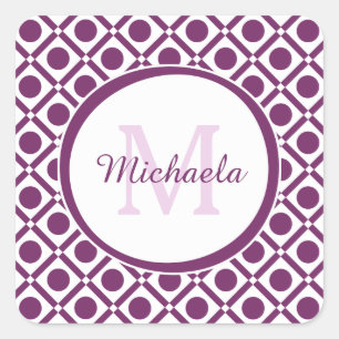 Modern Purple and White Geometric Monogrammed Name Square Sticker