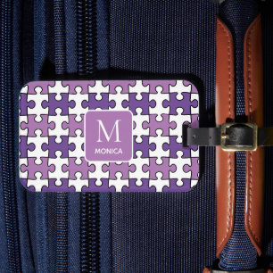 Modern Purple And White Puzzle Pieces Monogram  Luggage Tag