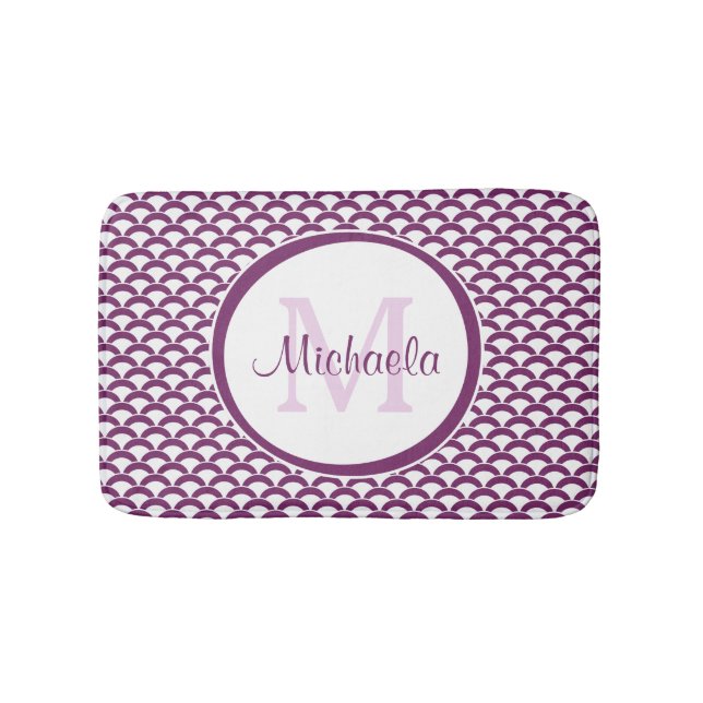 Modern Purple and White Scallops Monogram and Name Bath Mat (Front)