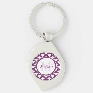 Modern Purple and White Scallops Monogram and Name Keychain