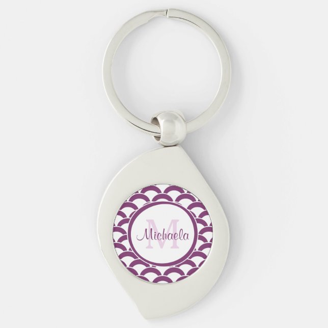 Modern Purple and White Scallops Monogram and Name Keychain (Front)