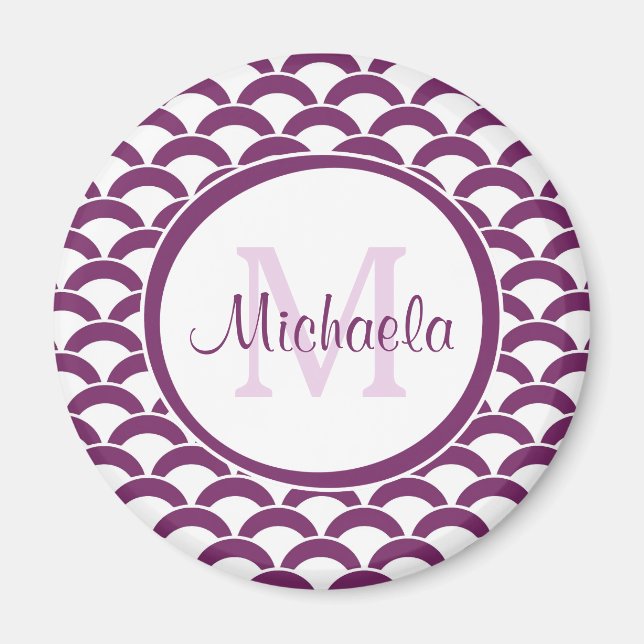 Modern Purple and White Scallops Monogram and Name Magnet (Front)