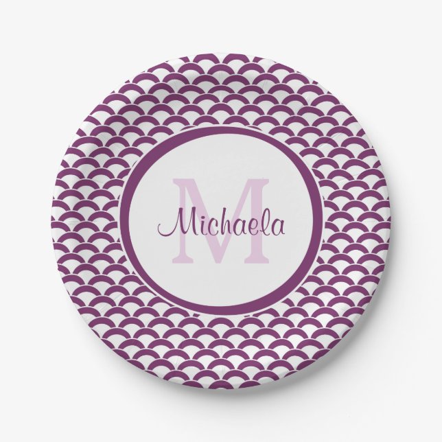 Modern Purple and White Scallops Monogram and Name Paper Plate (Front)