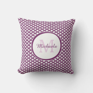 Modern Purple and White Scallops Monogram and Name Throw Pillow