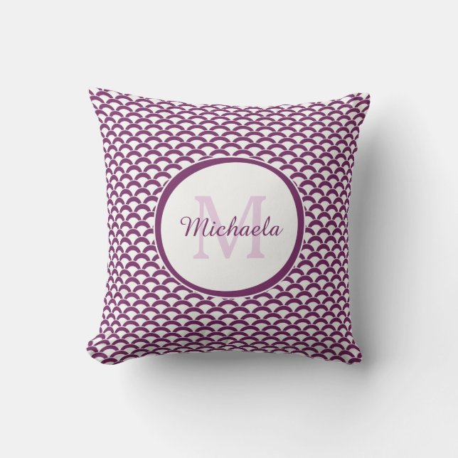 Modern Purple and White Scallops Monogram and Name Throw Pillow (Front)