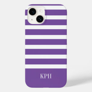 Modern Purple and White Stripe with Monogram  Case-Mate iPhone 14 Case