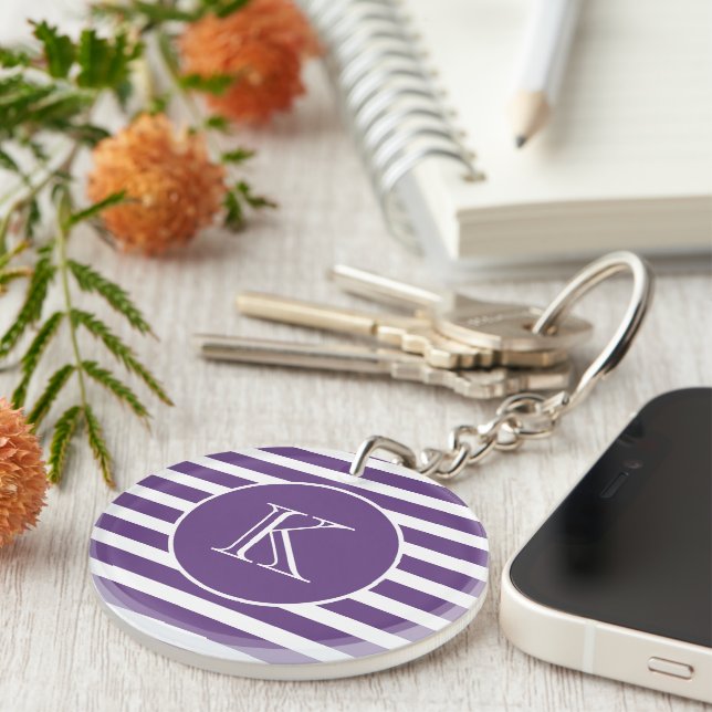 Modern Purple and White Stripes with Monogram  Keychain (Front Right)