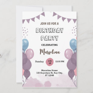 Modern Purple Ballon Bunch Birthday Party Invitation