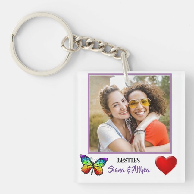 Modern Purple Best Friends Picture & Name  Keychain (Front)