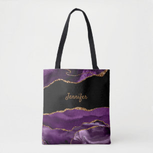 Modern Purple Black Agate Crystal Personalize Name Tote Bag