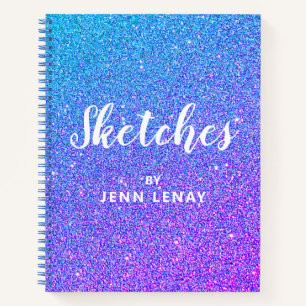 Modern Purple Blue Glitter Name Script Sketchbook Notebook