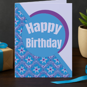 Modern Purple & Blue Squares With Flowers Birthday Card